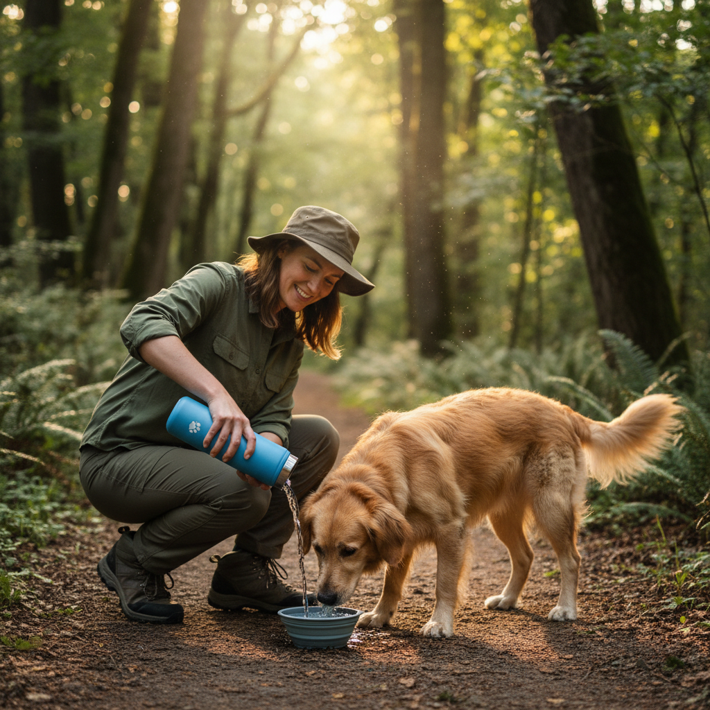 Person pouring water from portable pet bottle into bowl while dog drinks on hiking trail