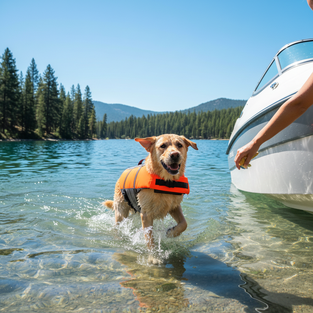 Energetic Labrador wearing orange reflective dog life jacket swimming happily in a clear blue lake
