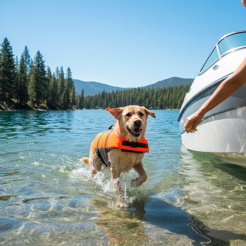 Energetic Labrador wearing orange reflective dog life jacket swimming happily in a clear blue lake