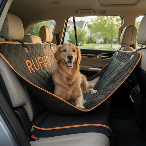 Happy golden retriever sitting comfortably in SUV back seat protected by waterproof hammock seat cover